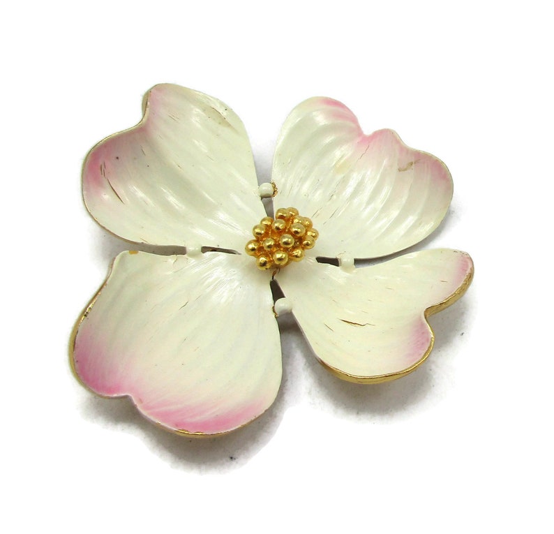 Parklane White Pink Enamel Gold Dogwood Brooch Pin Detailed Brushed Gold Mid Century Modern Vintage Jewelry Designed Signed