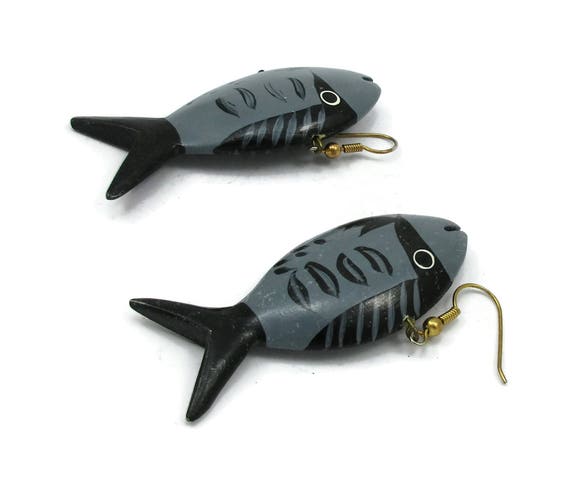Grey Fish Wood Hand Painted Earrings Post Figural… - image 2