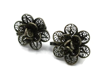 Sterling Silver 925 Earrings Screwback Flower Wire Filigree Spun Mexican Jewelry Natural Stone Earrings Signed Vintage Mexico Gift