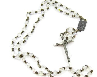 Zilveren kristal kralen rozenkrans ketting rozenkrans bidparels bedevaart kerk glas Kruis gift ideeën christelijke glas Faceted