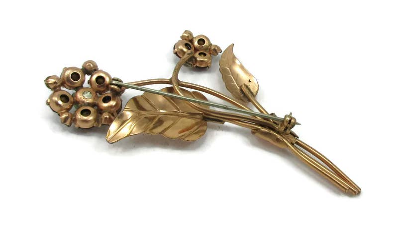 Gold Vermeil Red Rhinestone Pearl Pin Large Brooch Flowers Design Gold Wash Vintage Costume Jewelry Designer Signed Shawl Scarf Pin