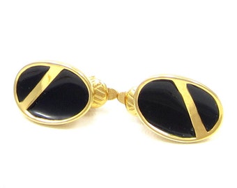 Black Enamel  Clip Earrings Gold Tone Abstract Design Gold 1980s Modernist Vintage Costume Jewelry Designed Simple Classic Gift Ideas