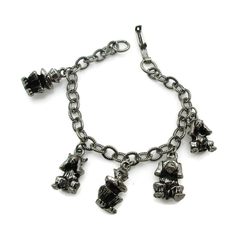 Silver Tone Charm Bracelet See Speak Hear No Evil Monkeys Charms 7.50 Inches Starter Gift Idea Vintage Fine Costume Jewelry