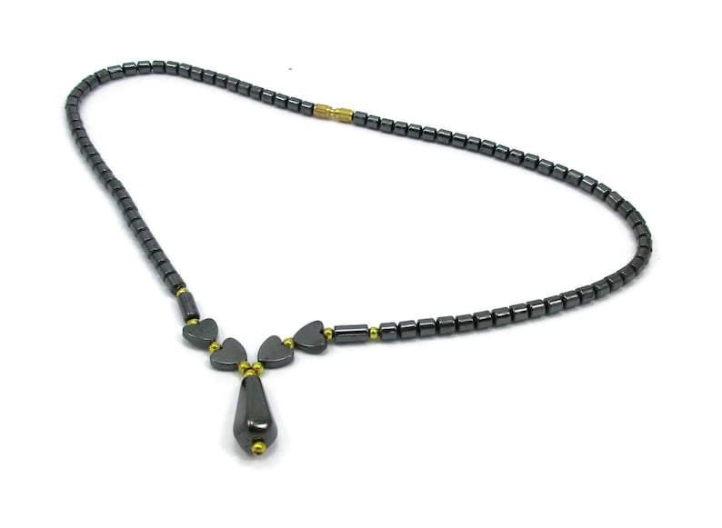Hematite Stone Choker Necklace Bib Collar Blue Beads Gold Tone Vintage Estate Jewelry 18 inches Black Choker Goth Boho Hippie Gray