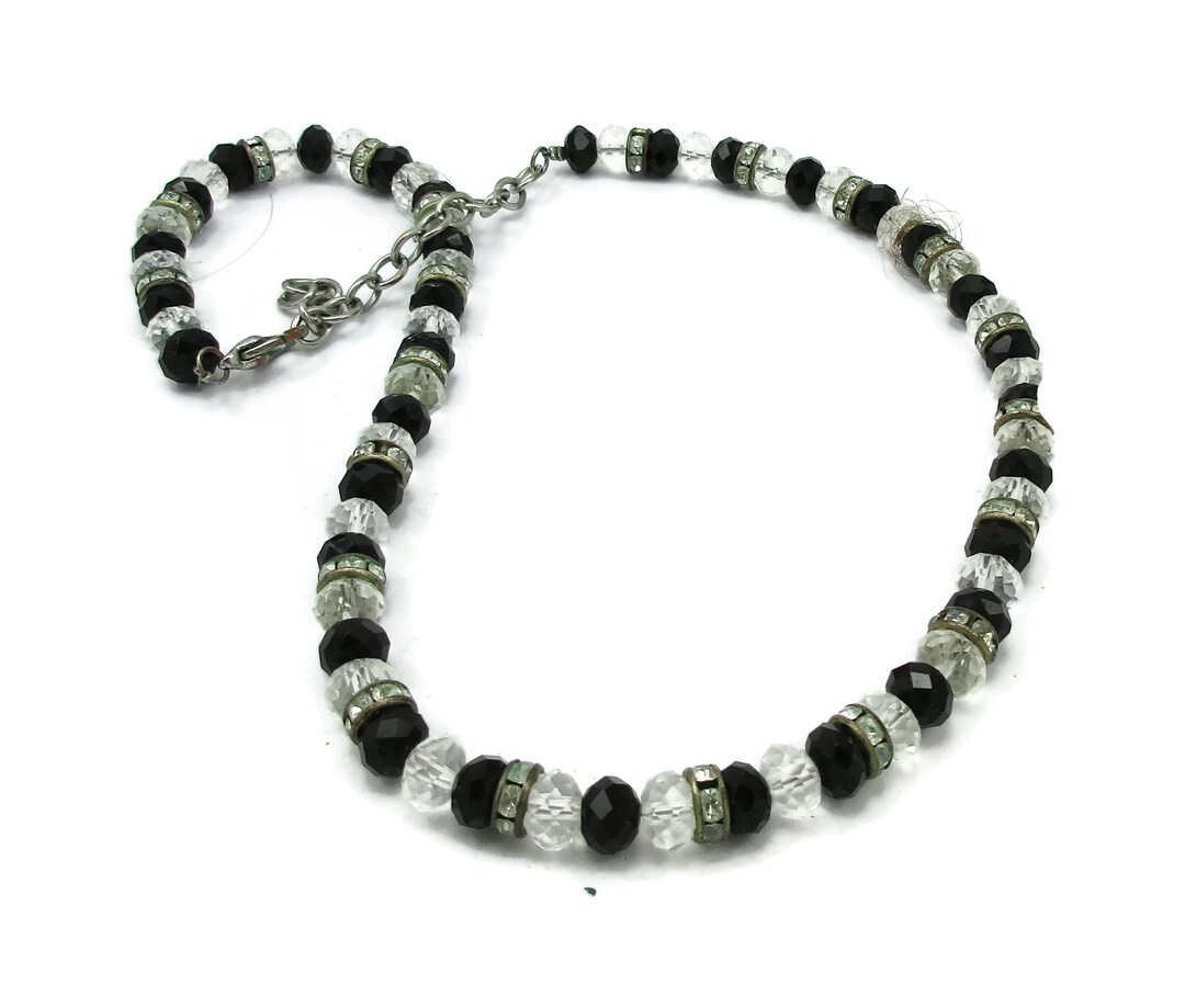 Black Clear Crystal Bead Necklace Single Strand 20 Inches Long Vintage Estate Costume Jewelry