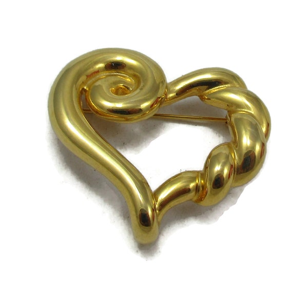 Anne Klein Brooch Gold Pin Swirl Heart Shape Design Modernist  Designer Signed Vintage Estate Jewelry Gift Ideas  Pin 1980s Mothers Day