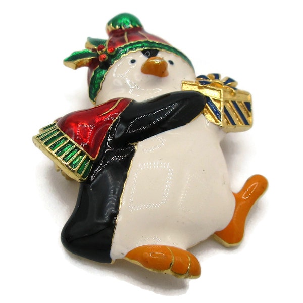 Penguins Christmas Gold Tone Brooch Pin Brooch Vintage Costume Jewelry Holiday Gift Ideas Designer Signed Shawl Scarf Pin Clip
