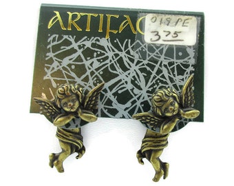 JJ Jonette Bronze Engel Ohrringe durchbohrt baumelnchernde Cherubs Vintage Schmuck NOS signiert Finish Geschenkideen Made in USA