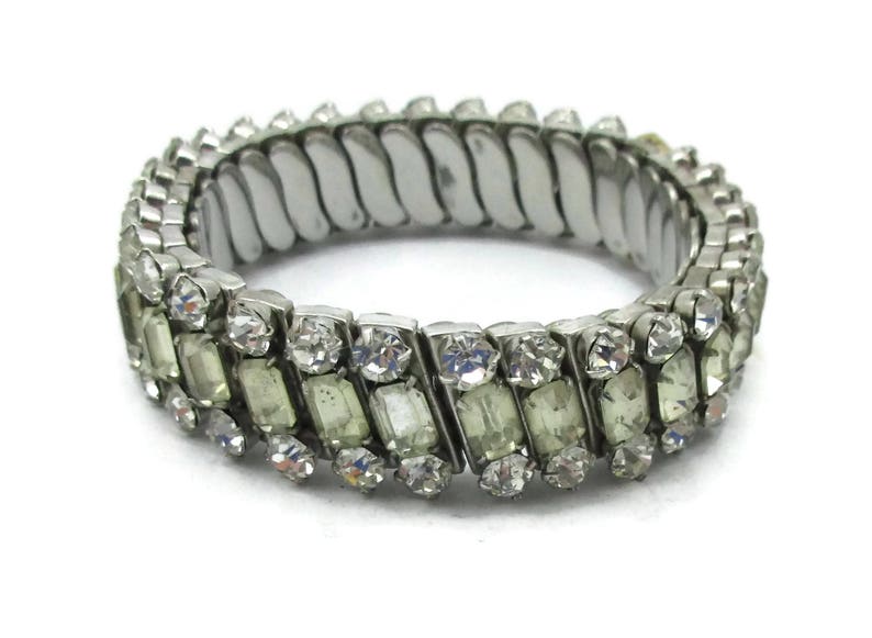 Silver Tone Clear Rhinestone Stretch Bracelet Expansion Vintage Costume Jewelry Gift Ideas Designer Simple Bridal