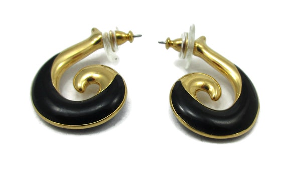 MONET Gold Tone Post Earrings Black Enamel Swirl … - image 1