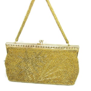 Vintage Beaded Gold Purse Clutch Seed Beaded Strap 1970s Retro Evening Bag Art Deco Hand Beaded Gold Clutch Vintage Woman Accessories