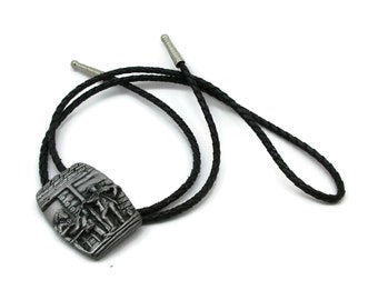 Pewter Western Black Leather Bolo Tie Band Western Wear Cowboy Boots Country Attire Bola Tie Mens Jewelry Accessory Vintage