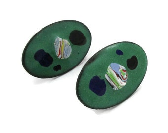 Oval Copper Green Abstract Enamel Earring Screw Backs Modernist Copper Vintage Costume Estate Jewelry Gift Ideas Metal work