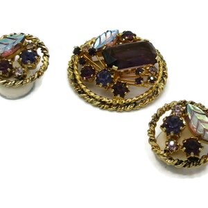 Austria Signed Purple Rhinestone Pin Brooch Matching Rhinestone Clip Earrings Aurora Borealis Demi Parure Estate Costume Vintage