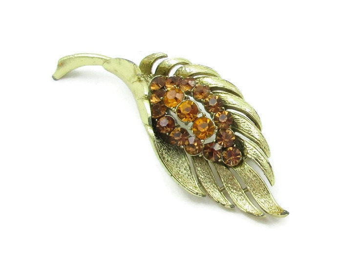 Coro Amber Rhinestone Brooch Designer Signed Gold Tone Pin  display picture 3