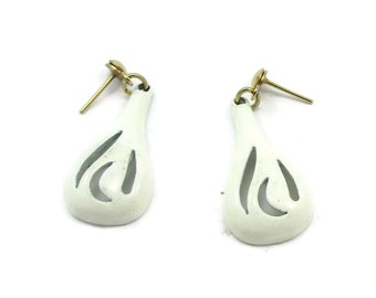 White Enamel Gold Dangle Pierced Teardrop Earrings Drop Style Long 1980s Vintage Estate Jewelry Gift Idea Enamel Designer Drop Winter White