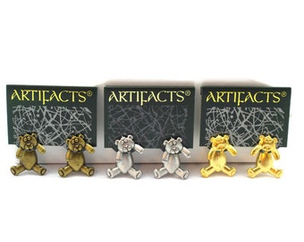 JJ Jonette oso de peluche pendientes perforados cuerpo colgante pewter oro tono vintage joyería NOS firmado acabado regalo ideas animales rellenos