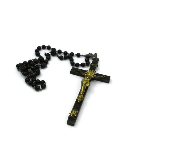 Large Antique Brown Black Beads Beads Rosary Cruc… - image 2