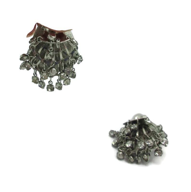 Silver Clip Earrings Rhinestone Twiggy Style Design 1970s Designer Mod Hippie Signed Runway Estate Runway Classic Vintage Costume Jewelry