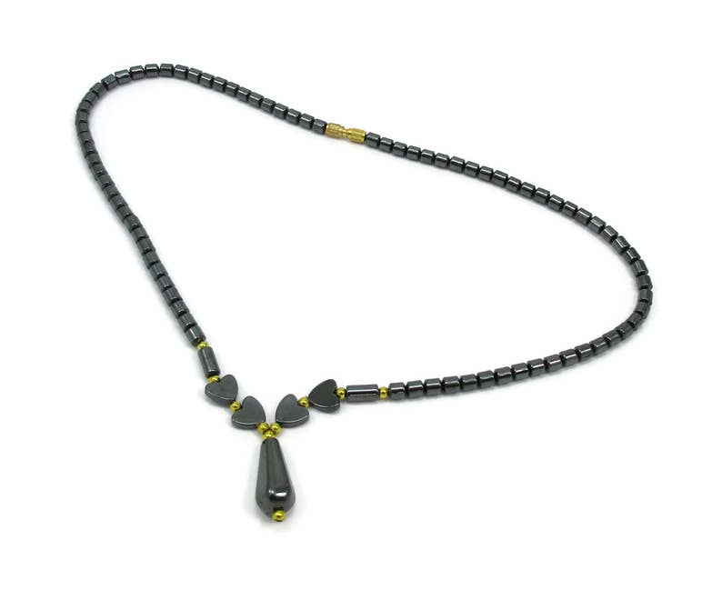 Hematite Stone Choker Necklace Bib Collar Blue Beads Gold Tone Vintage Estate Jewelry 18 inches Black Choker Goth Boho Hippie Gray