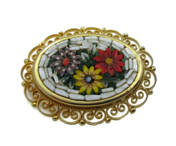 Italian Mosaic Tile Gold Tone Oval Brooch Colorfu… - image 1