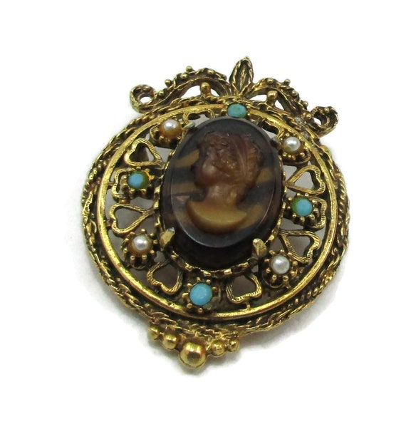 FLORENZA Filigree Brooch Cameo Pendant Mourning J… - image 1