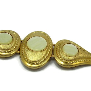 Gutos Modele Gold Tone Belt Buckle White MOP Disc Accents Vintage Costume Jewelry Belt Buckles 1979 Designer Signed Womens  Accessories