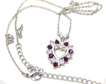 SALE Heart rhinestone silver tone necklace and pendant purple and clear/ rhinestone necklace/ heart necklace