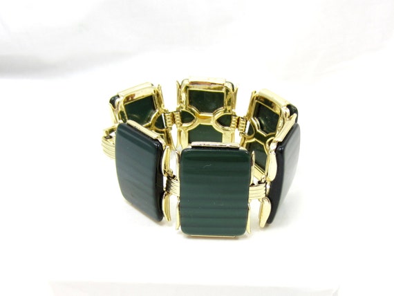 Gold Tone Green Lucite Clasp Link Bracelet Statem… - image 2