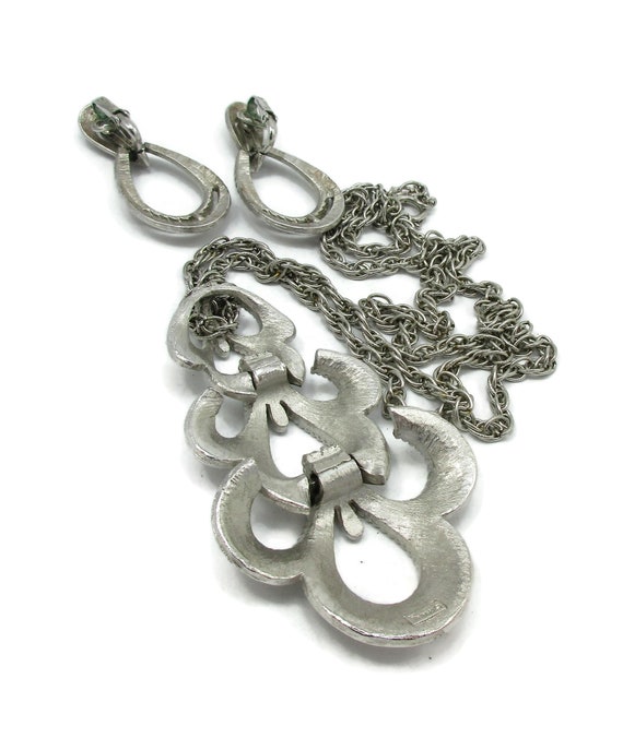 Crown Trifari Silver Necklace Earrings Set Silver… - image 3