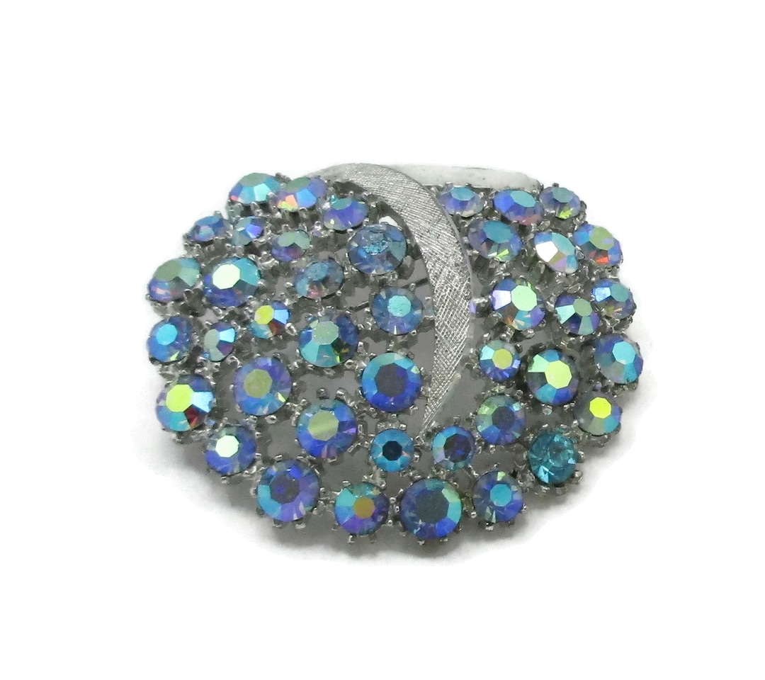 ART Blue Rhinestone AB Stones Silver Tone Rhinestone Pin Bridal Mother ...