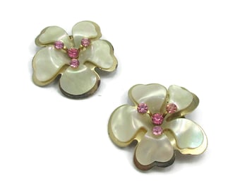 WHITE  MOP Clip Earrings  Pink Rhinestone Gold Tone  Clip On Jewelry Chocolate Bead 1950s Designer Costume Jewelry Ronc 4