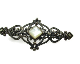 925 prata esterlina marcasite broche mop pino xale pino cachecol pino jóias arte deco designer vintage estate presente idéia jóias vintage