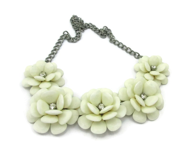 Rhinestone White Plastic Necklace Silver Tone 24 Inches Long Floral Flowers Statement Designer Vintage Costume Jewelry Design Gift