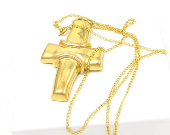 Essex Cross Gold Tone Necklace 24 Inch Necklace Puffy Bold Vintage Costume Jewelry 1980's Long Gold Tone Designer Signed Estate