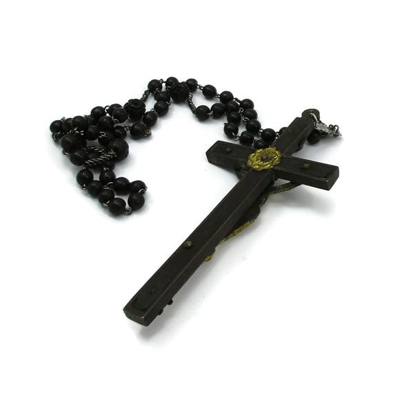 Large Antique Brown Black Beads Beads Rosary Cruc… - image 3