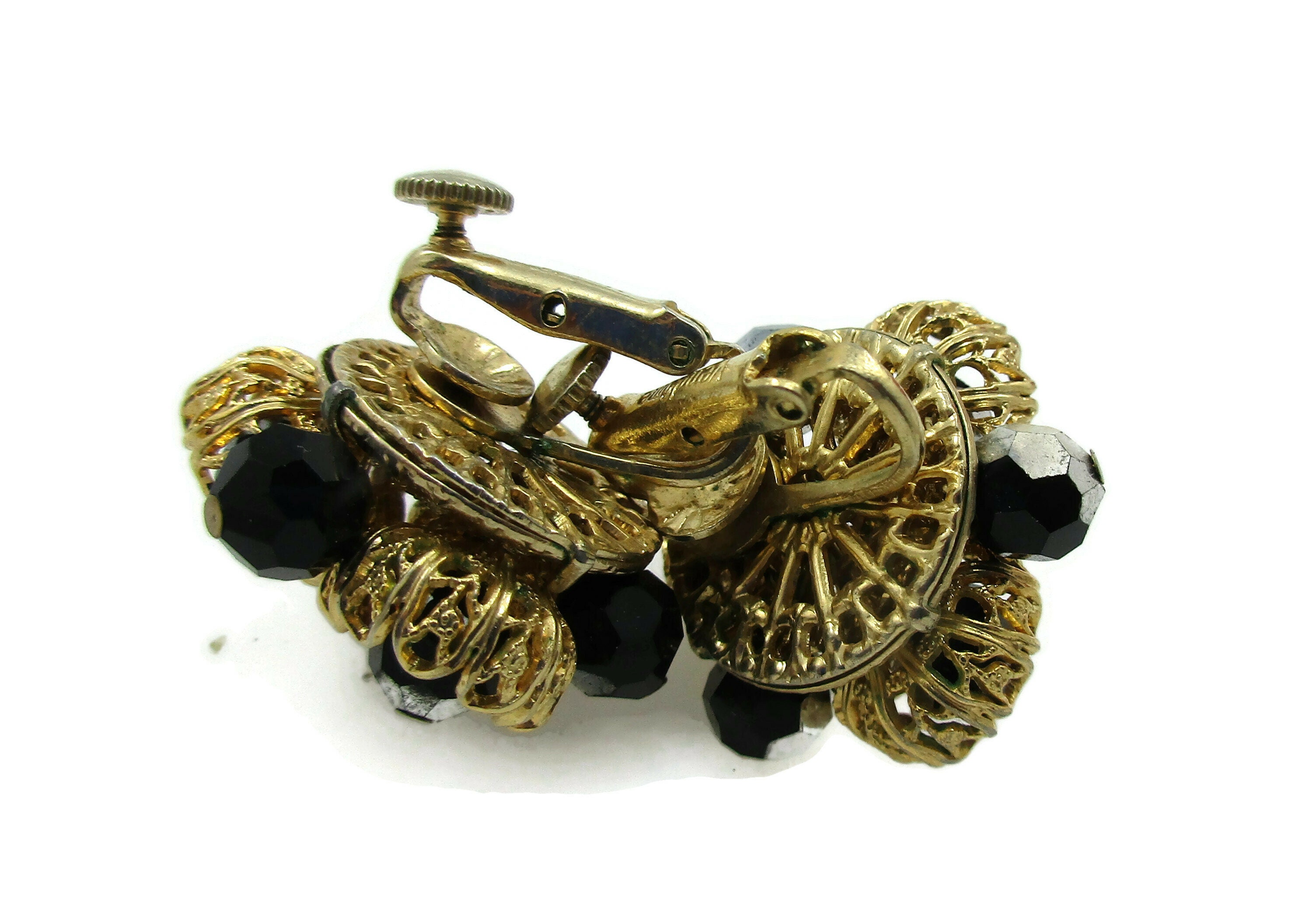 VENDOME Grey Black Grey Bead Crystal Clip Earrings Filigree