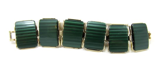 Gold Tone Green Lucite Clasp Link Bracelet Statem… - image 5