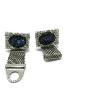 Silver Tone Cufflinks Blue Rhinestones Foil Fancy Mesh Jewelry Vintage Groom Wedding Gift Mens Gift Idea Fathers Day image 1