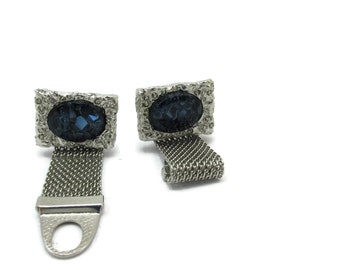 Silver Tone Cufflinks Blue Rhinestones Foil Fancy Mesh Jewelry Vintage Groom Wedding Gift  Mens Gift Idea Fathers Day