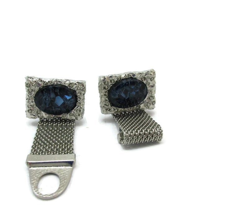 Silver Tone Cufflinks Blue Rhinestones Foil Fancy Mesh Jewelry Vintage Groom Wedding Gift Mens Gift Idea Fathers Day image 1