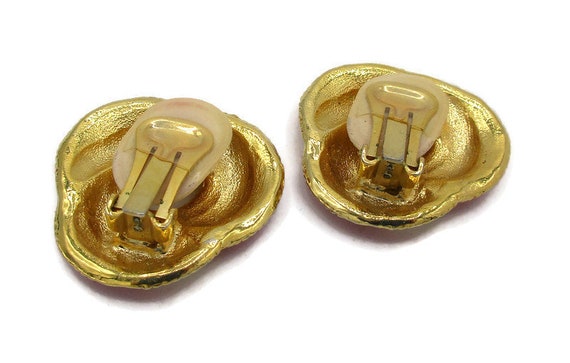 Gold Tone Earrings Red Cream Swirl Enamel Design … - image 2