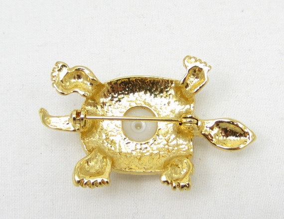 Matte Gold Tone Turtle Pin Faux Pearl Brooch Rept… - image 5