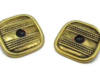 Crown Trifari Gold Clip Earrings Designer Signed Black Enamel Gold Tone 1980s Modernist Vintage Costume Jewelry Designed Simple Classic Gift