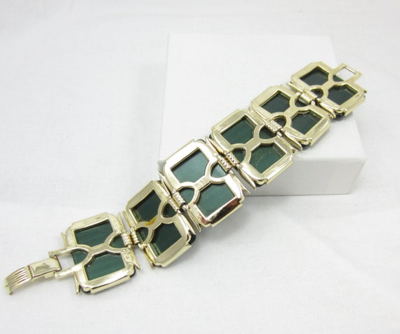 Gold Tone Green Lucite Clasp Link Bracelet Statem… - image 3