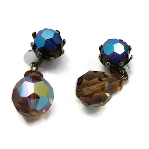 Austria Crystal Blue Rhinestones Clip Earrings Prong Set  Aurora Borealis Glass Stones Vintage Estate Jewelry Bridal Gift Ideas Runway