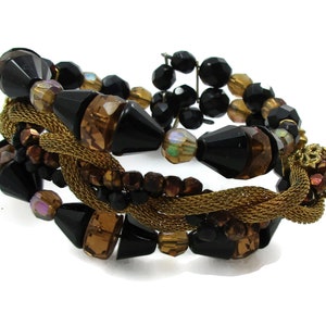 Czech Black Glass Bead Memory Wire Bracelet Gold Tone Mesh Vintage Runway Costume Jewelry Estate Runway