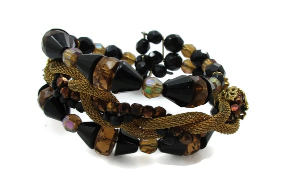 Czech Black Glass Bead Memory Wire Bracelet Gold … - image 1