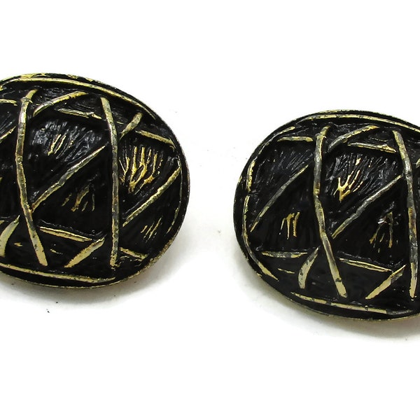 Hobe Clip Earrings Gold Tone Black Enamel Clip On Jewelry 1970s Designer Signed Vintage Costume Jewelry