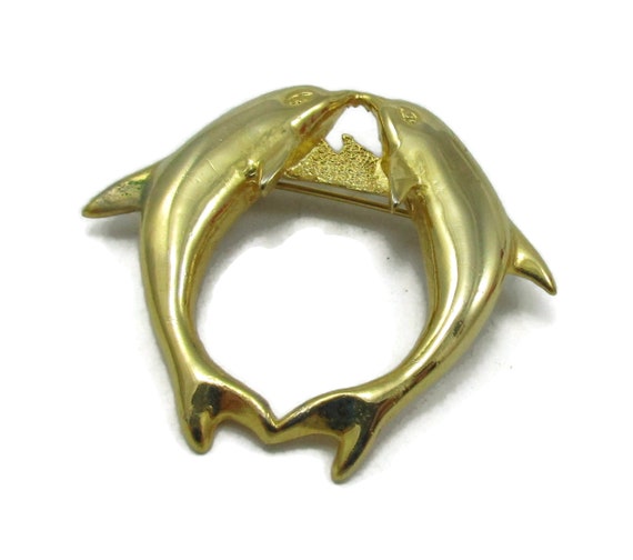 Gold Tone Dolphin Brooch Pin  Vintage Ocean Beach… - image 1